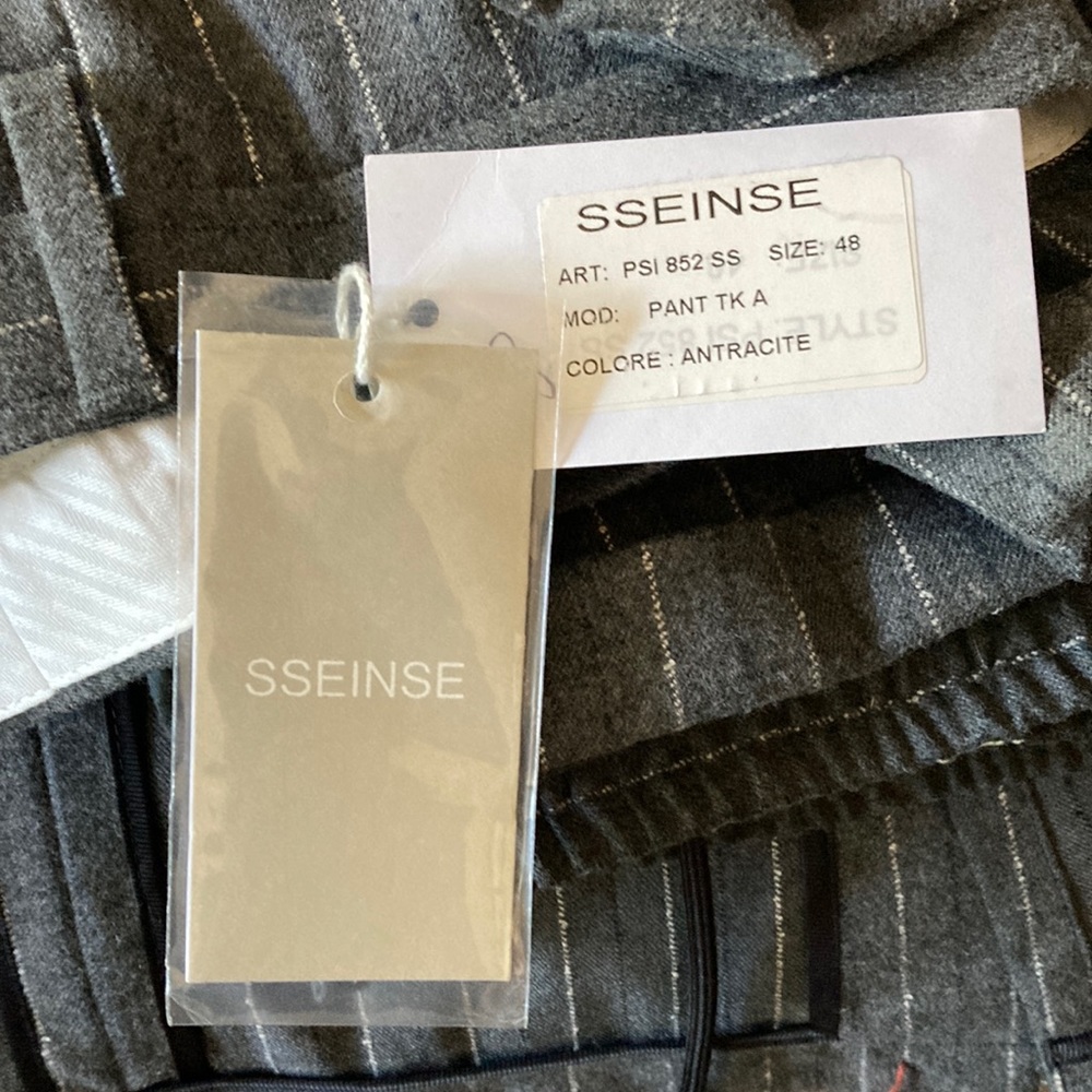 Men’s Suit. Medium size. Custom made. SSEINSE. Modern. Charcoal with pinstripes
